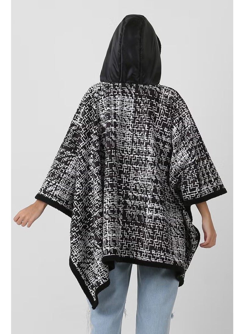 Hamur Dough Hooded Oversize Buttoned Inside Black Plush Velvet Coat Tweed KK-803 - Image 2